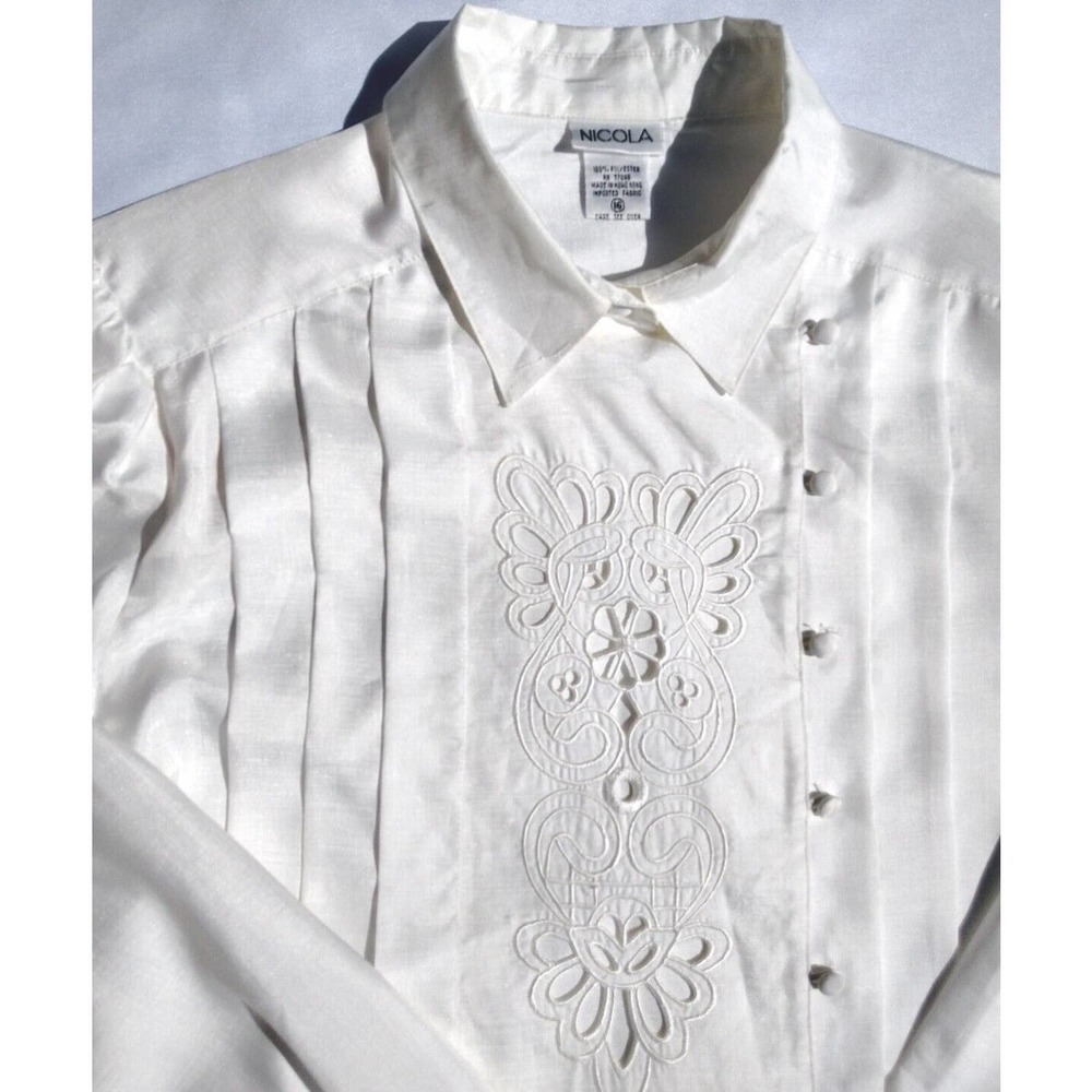 🌈 80's Vintage White Nicola Floral Pleated Blouse with Shoulder Pad Size M